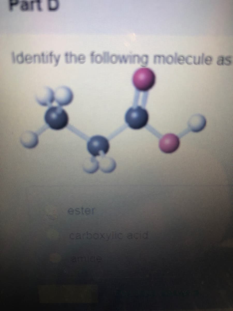 art D
Identify the following molecule as
ester
carboxylic acid
amide
