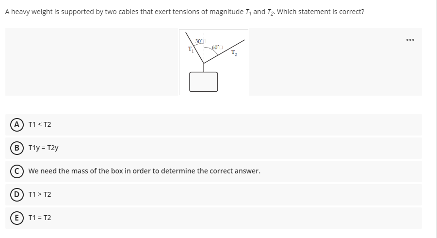 A heavy weight is supported by two cables that exert tensions of magnitude T; and T2. Which statement is correct?
30
600
...
A) T1 < T2
B T1y = T2y
We need the mass of the box in order to determine the correct answer.
D T1 > T2
E) T1 = T2
