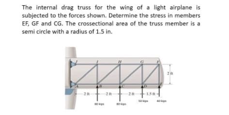The internal drag truss for the wing of a light airplane is
subjected to the forces shown. Determine the stress in members
EF, GF and CG. The crossectional area of the truss member is a
semi circle with a radius of 1.5 in.
2n
28
1.5
so upa 40 pa
B0 ps
