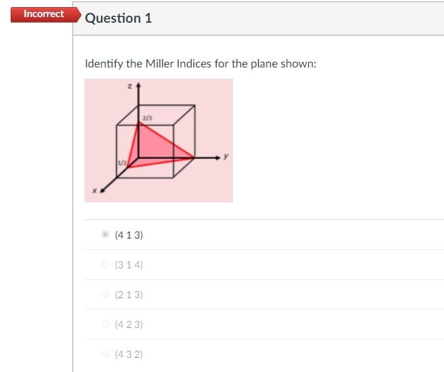 Incorrect Question 1
Identify the Miller Indices for the plane shown:
1/2
2/3
(413)
(314)
(213)
(423)
(432)