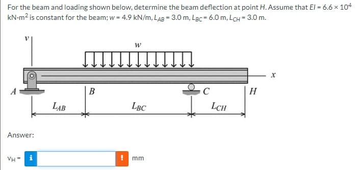 For the beam and loading shown below, determine the beam deflection at point H. Assume that El = 6.6 x 104
kN-m² is constant for the beam; w = 4.9 kN/m, LAB = 3.0 m, LBc = 6.0 m, LCH = 3.0 m.
W
X
B
C
LAB
LBC
mm
Answer:
VH = i
.
LCH
H