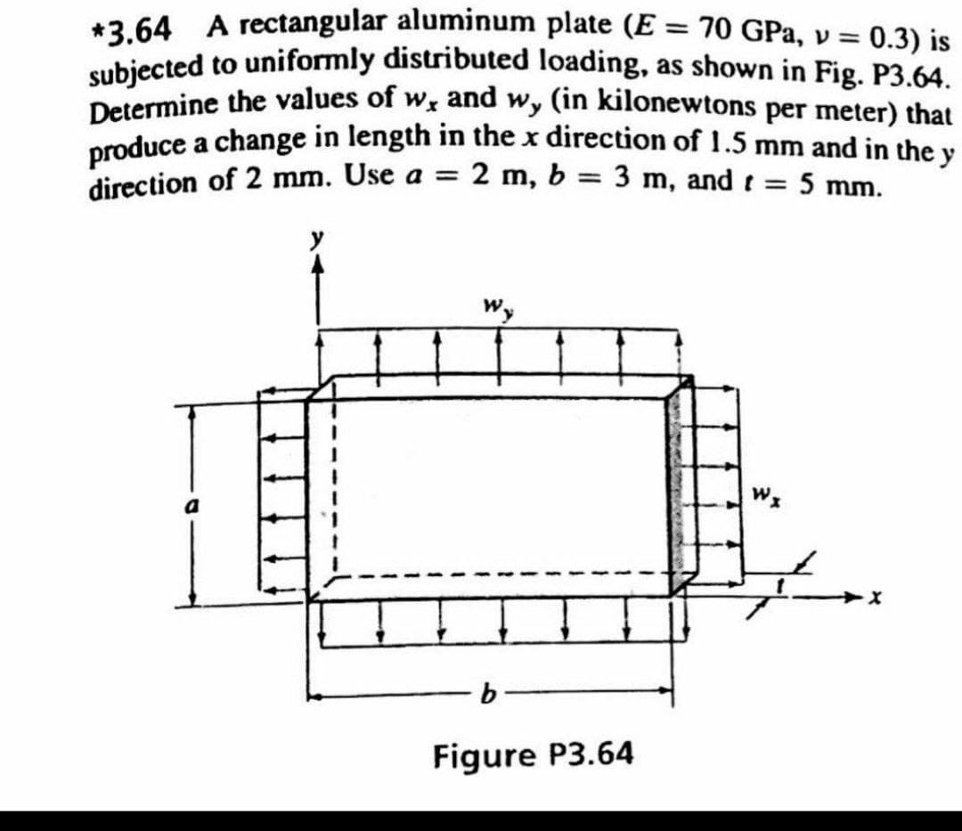 12 64 A rectangular aluminum plate (E = 70 GPa, v = 0.3) is
produce a change in length in the x direction of 1.5 mm and in the y
subiected to uniformly distributed loading, as shown in Fig. P3.64.
Determine the values of w, and Wy (in kilonewtons per meter) that
%3D
direction of 2 mm. Use a = 2 m, b = 3 m, and t = 5 mm.
Wy
Figure P3.64
