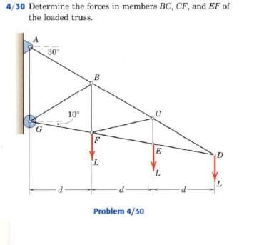 4/30 Determine the forces in members BC, CF, and EF of
the loaded truss.
30
B
10
E
P-
Problem 4/30
