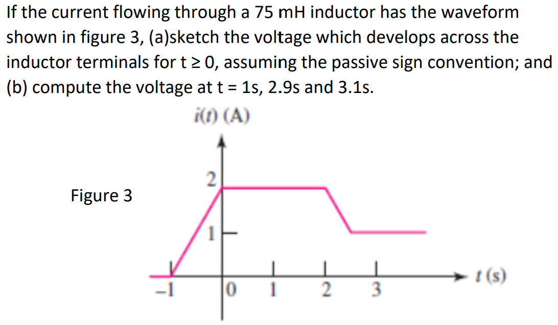 If the current flowing through a 75 mH inductor has the waveform
shown in figure 3, (a)sketch the voltage which develops across the
inductor terminals for t> 0, assuming the passive sign convention; and
(b) compute the voltage at t = 1s, 2.9s and 3.1s.
i(1) (A)
2
Figure 3
t (s)
3
