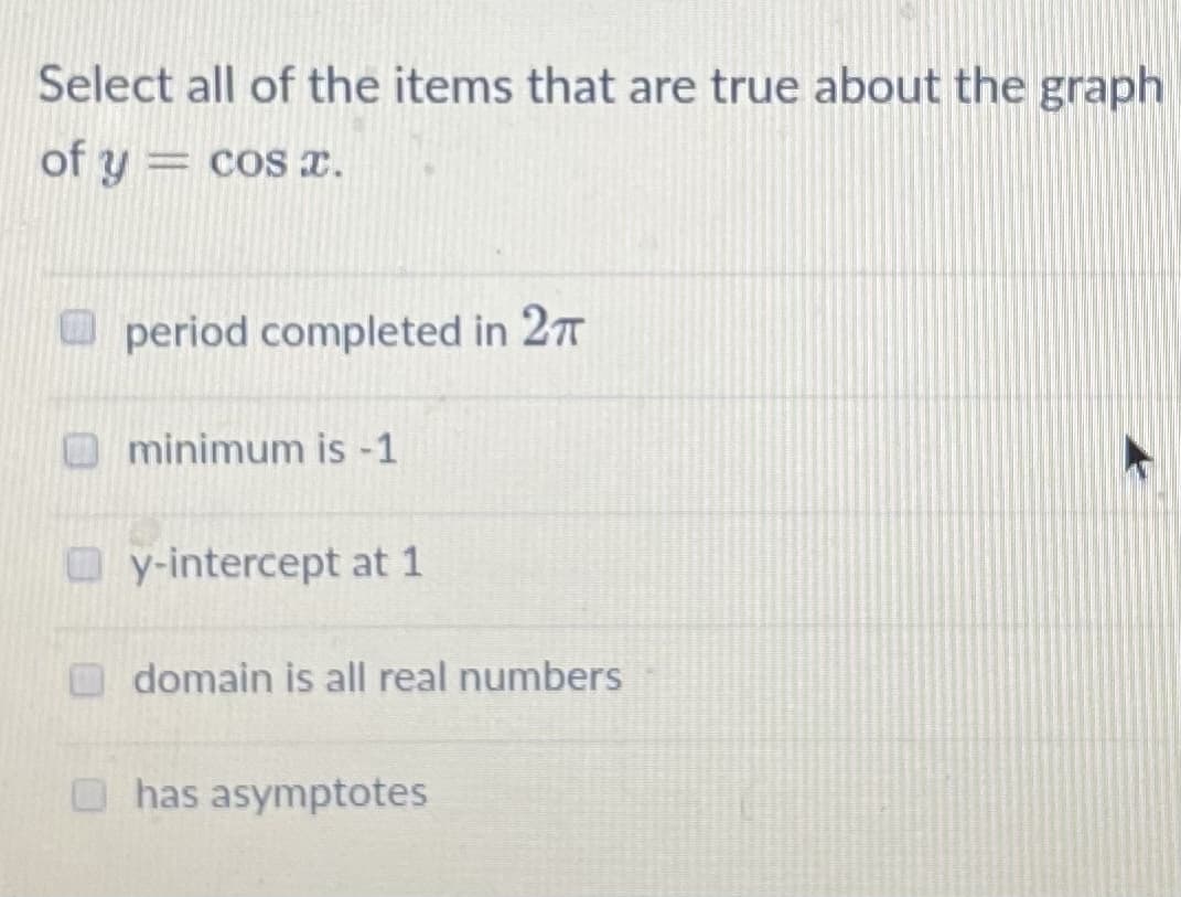 Select all of the items that are true about the graph
of y = cos x.
period completed in 27
minimum is -1
y-intercept at 1
domain is all real numbers
has asymptotes