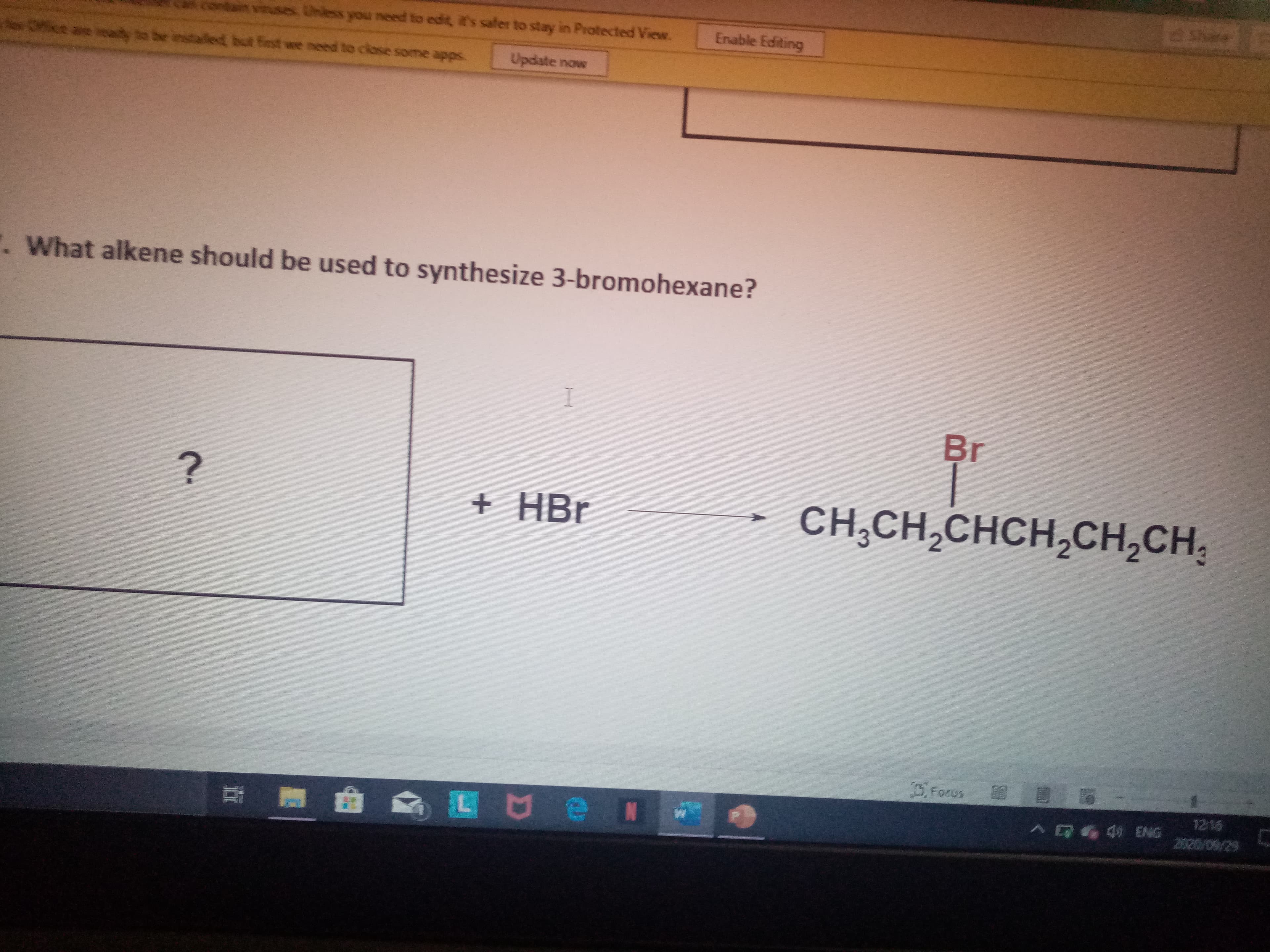 What alkene should be used to synthesize 3-bromohexane?
