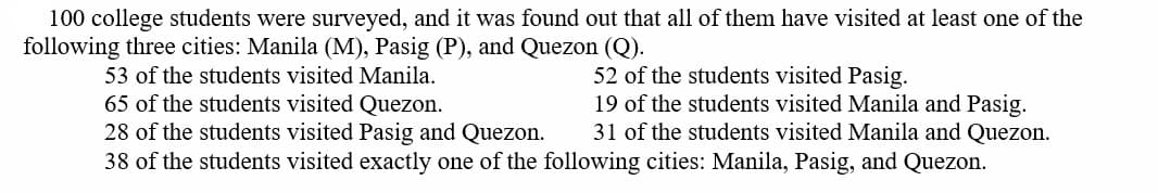 100 college students were surveyed, and it was found out that all of them have visited at least one of the
following three cities: Manila (M), Pasig (P), and Quezon (Q).
53 of the students visited Manila.
52 of the students visited Pasig.
65 of the students visited Quezon.
19 of the students visited Manila and Pasig.
31 of the students visited Manila and Quezon.
28 of the students visited Pasig and Quezon.
38 of the students visited exactly one of the following cities: Manila, Pasig, and Quezon.