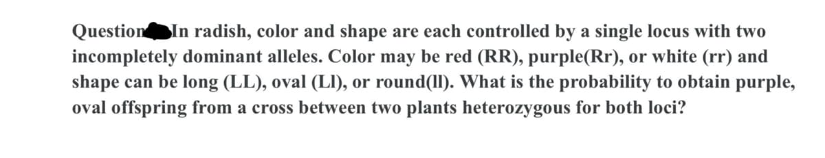 Question In radish, color and shape are each controlled by a single locus with two
incompletely dominant alleles. Color may be red (RR), purple(Rr), or white (rr) and
shape can be long (LL), oval (LI), or round(ll). What is the probability to obtain purple,
oval offspring from a cross between two plants heterozygous for both loci?