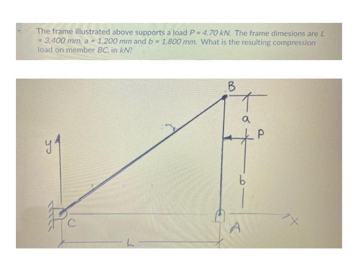The frame illustrated above supports a load P= 4.70 kN. The frame dimesions are L
= 3,400 mm, a = 1,200 mm and b 1,800 mm. What is the resulting compression
load on member BC, in kN?
B
yo
A
