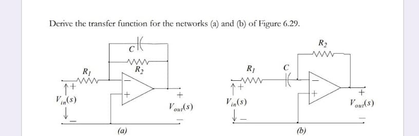 Derive the transfer function for the networks (a) and (b) of Figure 6.29.
R2
www
www
R2
R1
C
R1
V„(s)
V in(s)
Vour(s)
Vour(8)
(b)
(a)
