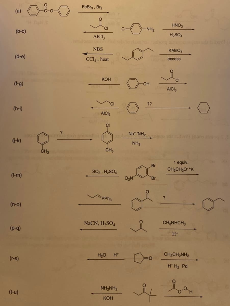 (a)
(b-c)
(d-e)
(f-g)
(h-i)
(j-k)
(l-m)
(n-o)
(p-q)
(r-s)
(t-u)
S
?
CH3
FeBr3, Br₂
Ia
CI
AIC13
abes unive
NBS
CC14, heat
KOH
AICI3
CI
CH3
coutaimus gain guiwolfoonbey
SO3, H₂SO4
FPPh3
HNO3
H₂SO4
ad to done to ubong sincero
KMnO4
NaCN, H₂SO4
H₂O H+
CI-
NHANH2
KOH
-NH₂
Na+ NH₂
NH3
O₂N
OH
??
Br
ojem sb robot (rass amoy 2.S
Br
excess
Ia
CI
AICI3
?
1 equiv.
CH3CH₂O +K
CH₂NHCH3
H+
CH,CH,NH2
H+ H₂ Pd
Lan