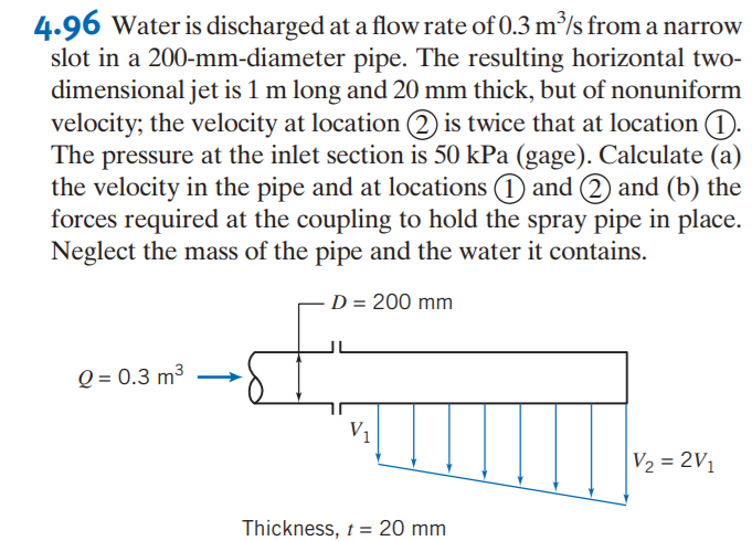 4.96 Water is discharged at a flow rate of 0.3 m°/s from a narrow
slot in a 200-mm-diameter pipe. The resulting horizontal two-
dimensional jet is 1 m long and 20 mm thick, but of nonuniform
velocity; the velocity at location 2) is twice that at location 0.
The pressure at the inlet section is 50 kPa (gage). Calculate (a)
the velocity in the pipe and at locations (1) and (2 and (b) the
forces required at the coupling to hold the spray pipe in place.
Neglect the mass of the pipe and the water it contains.
-D = 200 mm
Q = 0.3 m³
V1
V2 = 2V1
Thickness, t = 20 mm
