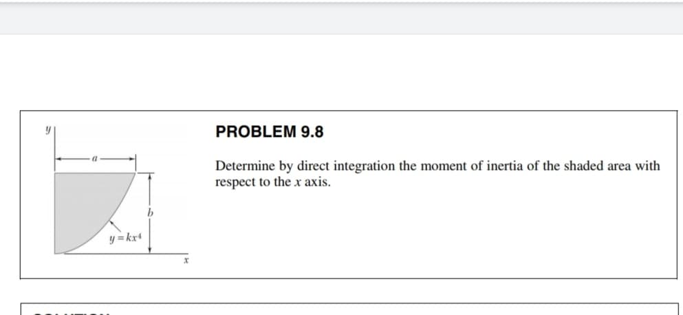 PROBLEM 9.8
Determine by direct integration the moment of inertia of the shaded area with
respect to the x axis.
b
y =kx4
