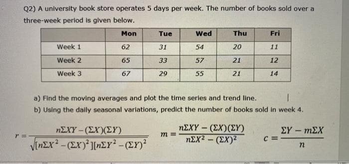 Q2) A university book store operates 5 days per week. The number of books sold over a
three-week period is given below.
Mon
Tue
Wed
Thu
Fri
Week 1
62
31
54
20
11
Week 2
65
33
57
21
12
Week 3
67
29
55
21
14
a) Find the moving averages and plot the time series and trend line.
b) Using the daily seasonal variations, predict the number of books sold in week 4.
ηΣΧΥ-(ΣΧ) (ΣΥ)
m =
ηΣΧ(ΣΧ)
ηΣΧΥ- (ΣΧ ) (ΣΥ)
ΣΥ-m ΣΧ
C =
%3=
VinEx-(EX)'][n2Y²-(EY)?
