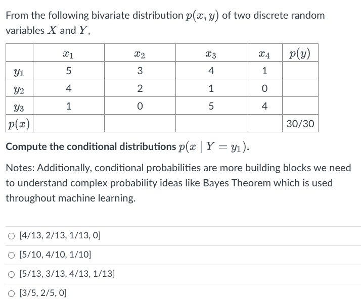 From the following bivariate distribution p(x, y) of two discrete random
variables X and Y,
Y1
Y2
Y3
p(x)
X1
5
4
1
X2
3
2
0
O [4/13,2/13, 1/13, 0]
O [5/10, 4/10, 1/10]
O [5/13, 3/13, 4/13, 1/13]
O [3/5, 2/5, 0]
x3
4
1
5
X4
1
0
4
p(y)
30/30
Compute the conditional distributions p(x | Y = y₁).
Notes: Additionally, conditional probabilities are more building blocks we need
to understand complex probability ideas like Bayes Theorem which is used
throughout machine learning.