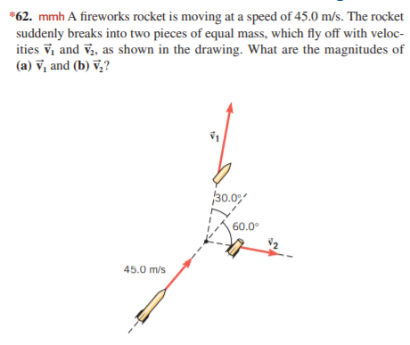 *62. mmh A fireworks rocket is moving at a speed of 45.0 m/s. The rocket
suddenly breaks into two pieces of equal mass, which fly off with veloc-
ities v, and v, as shown in the drawing. What are the magnitudes of
(a) v, and (b) v,?
30.0,
60.0°
45.0 m/s
