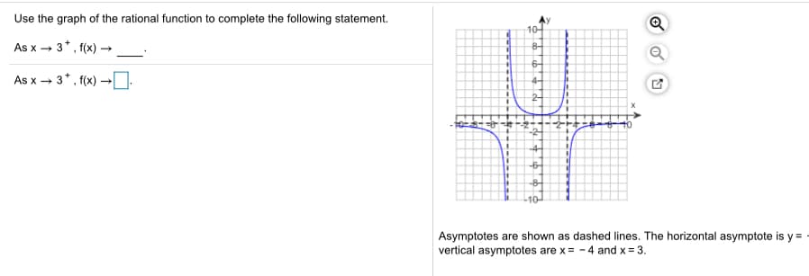 Use the graph of the rational function to complete the following statement.
10-
As x → 3*, f(x) –
8-
As x - 3*,
6-
4-
2-
-2-
-4-
-6-
-8
-10-
Asymptotes are shown as dashed lines. The horizontal asymptote is y =
vertical asymptotes are x = - 4 and x = 3.
