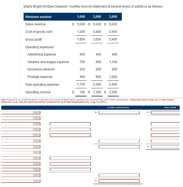 Mighty Bright Window Cleaners' monthly income statement at several levels of activity is as follows:
Windows washed
1,000
2,000
3,000
Sales revenue
$ 3,000 $ 6,000 $ 9,000
Cost of goods sold
1,200
2,400
3,600
Gross profit
1,800
3,600
5,400
Operating expenses
Advertising expense
400
400
400
Salaries and wages expense
700
900
1,100
Insurance expense
200
200
200
Postage expense
400
800
1,200
Total operating expense
1,700
2,300
2,900
Operating income
100 $ 1,300 $ 2,500
(b) Prepare a contribution margin income statement based on a volume of 2,500 windows (Round unit cosr to 2 decimal
places, e.g. 52.75 and all other answers to o decimal places, e.g. 5,275.)
2,500 windows
Par Unit
%24
