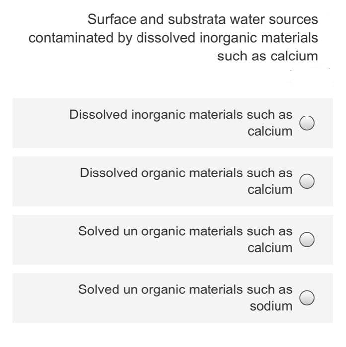 Surface and substrata water sources
contaminated by dissolved inorganic materials
such as calcium
Dissolved inorganic materials such as
calcium
Dissolved organic materials such as
calcium
Solved un organic materials such as
calcium
Solved un organic materials such as
sodium
