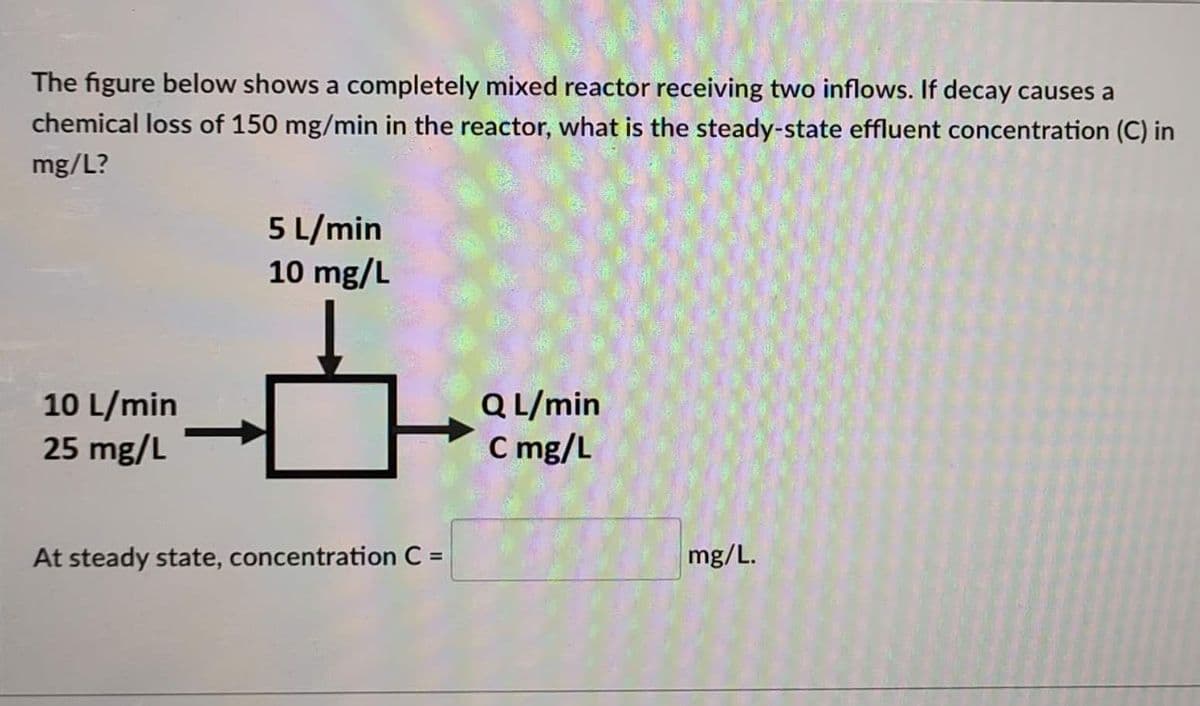 The figure below shows a completely mixed reactor receiving two inflows. If decay causes a
chemical loss of 150 mg/min in the reactor, what is the steady-state effluent concentration (C) in
mg/L?
10 L/min
25 mg/L
5 L/min
10 mg/L
At steady state, concentration C =
Q L/min
C mg/L
mg/L.