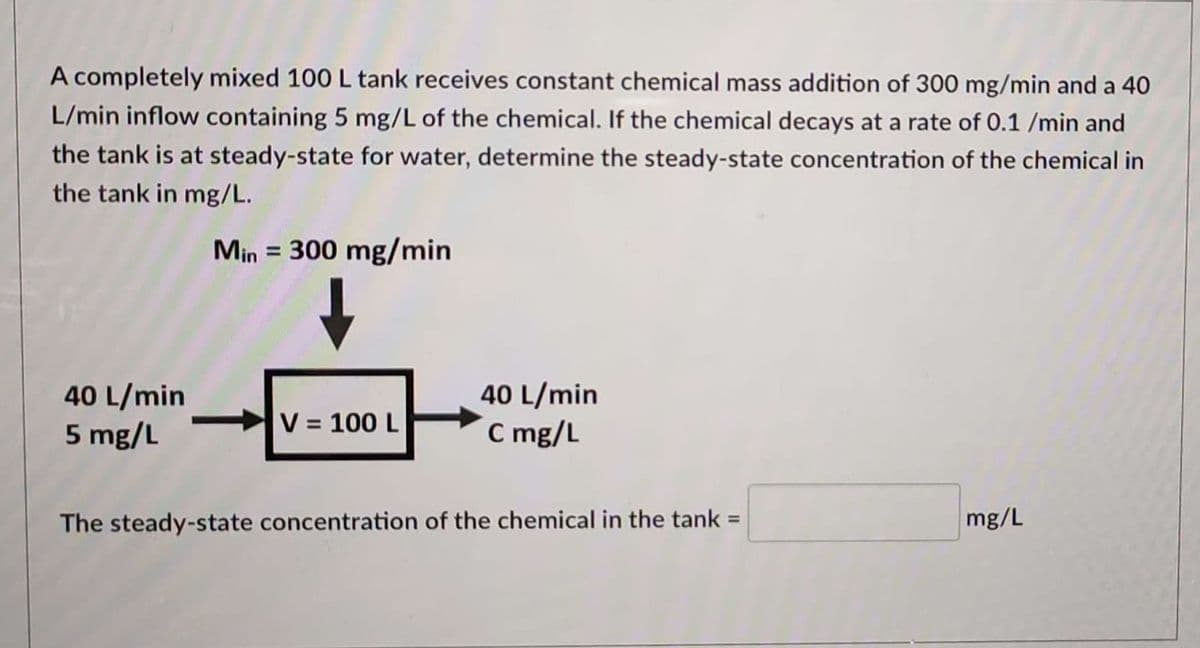 A completely mixed 100 L tank receives constant chemical mass addition of 300 mg/min and a 40
L/min inflow containing 5 mg/L of the chemical. If the chemical decays at a rate of 0.1 /min and
the tank is at steady-state for water, determine the steady-state concentration of the chemical in
the tank in mg/L.
Min = 300 mg/min
40 L/min
5 mg/L
V = 100 L
40 L/min
C mg/L
The steady-state concentration of the chemical in the tank =
mg/L