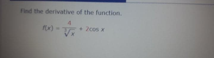 Find the derivative of the function.
f(x)
4.
+ 2cos x
%3D
