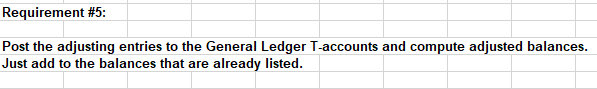Requirement #5:
Post the adjusting entries to the General Ledger T-accounts and compute adjusted balances.
Just add to the balances that are already listed.

