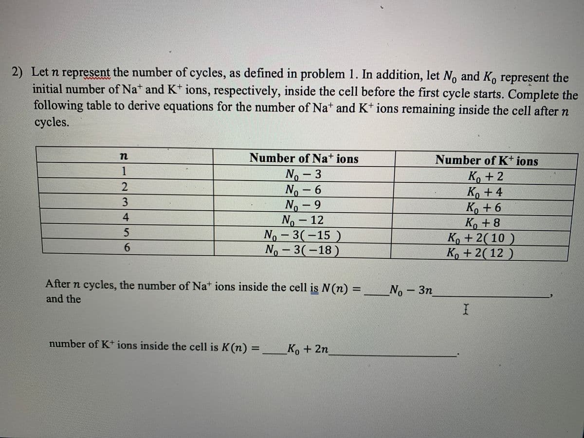 2) Let n represent the number of cycles, as defined in problem 1. In addition, let No and K, represent the
initial number of Nat and K* ions, respectively, inside the cell before the first cycle starts. Complete the
following table to derive equations for the number of Nat and Kt ions remaining inside the cell after n
cycles.
Number of Na+ ions
Number of K* ions
1
N. - 3
No- 6
No- 9
No-12
No-3(-15 )
No - 3(-18)
K, +2
Ko+4
Ko+6
K, +8
K, +2(10)
Ko + 2(12)
2.
3
4
6.
After n cycles, the number of Nat ions inside the cell is N(n) =
No- 3n
%3D
and the
number of K+ ions inside the cell is K(n) = __K, + 2n
%3D
