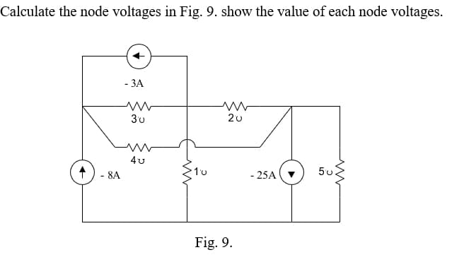 Calculate the node voltages in Fig. 9. show the value of each node voltages.
- 8A
- 3A
ww
3'u
4U
1'0
20
Fig. 9.
- 25A
www
50