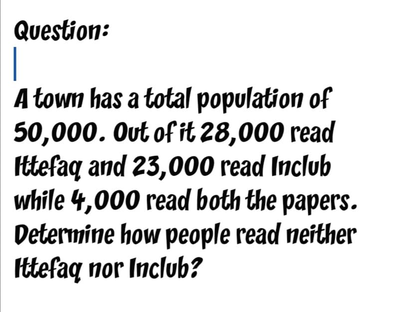 Question:
A town has a total population of
50,000. Out of it 28,000 read
Ittefaq and 23,000 read Inclub
while 4,000 read both the papers.
Determine how people read neither
Ittefaq nor Inclub?
