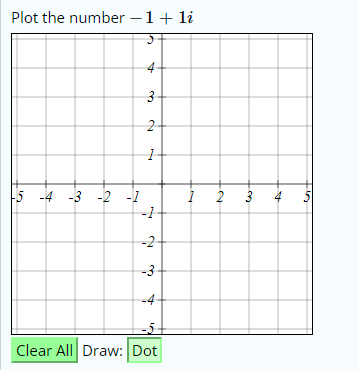 Plot the number -1+ li
3-
2-
5
-4 -3 -2 -1
-1
i 2 3 4
-2-
-3
-4
-5-
Clear All Draw: Dot
in
4)

