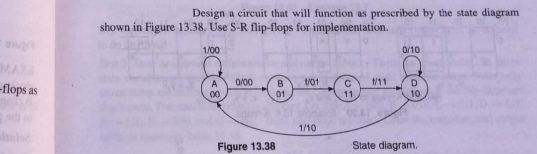 Design a circuit that will function as prescribed by the state diagram
shown in Figure 13.38. Use S-R flip-flops for implementation.
1/00
0/10
MAX
-flops as
A.
0/00
f/01
C
f/11
00
01
11
10
1/10
hule
Figure 13.38
State diagram.
