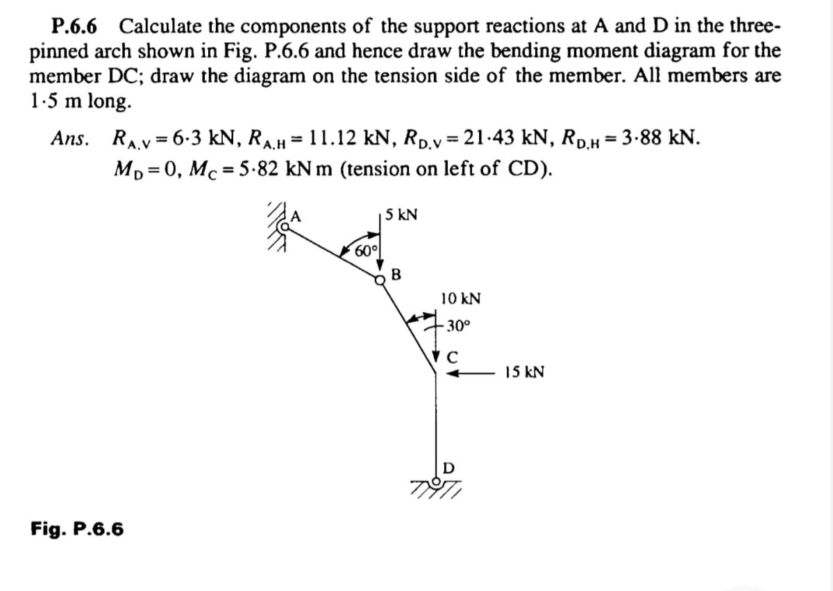 P.6.6 Calculate the components of the support reactions at A and D in the three-
pinned arch shown in Fig. P.6.6 and hence draw the bending moment diagram for the
member DC; draw the diagram on the tension side of the member. All members are
1.5 m long.
RAV = 6-3 kN, RA,H = 11.12 kN, Rp,v= 21-43 kN, Rp,H= 3-88 kN.
Mp = 0, Mc = 5-82 kN m (tension on left of CD).
Ans.
%3D
5 kN
60°
B
10 kN
30°
15 kN
Fig. P.6.6
