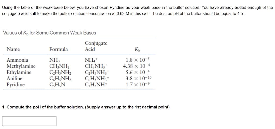 Using the table of the weak base below, you have chosen Pyridine as your weak base in the buffer solution. You have already added enough of the
conjugate acid salt to make the buffer solution concentration at 0.62 M in this salt. The desired pH of the buffer should be equal to 4.5.
Values of K, for Some Common Weak Bases
Conjugate
Name
Formula
Acid
Kb
Ammonia
NH3
NH4+
1.8 x 10-5
Methylamine CH3NH2
CH3NH3 +
4.38 x 10-4
Ethylamine
C₂H5NH₂
C₂H5NH3+
5.6 x 10-4
Aniline
C6H5NH3 +
3.8 x 10-10
CH;NH,
C,H,N
Pyridine
CH;NH*
1.7 x 10-⁹
1. Compute the poH of the buffer solution. (Supply answer up to the 1st decimal point)