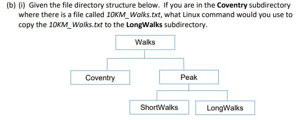 (b) (i) Given the file directory structure below. If you are in the Coventry subdirectory
where there is a file called 10KM_Walks.txt, what Linux command would you use to
copy the 10KM_Walks.txt to the LongWalks subdirectory.
Walks
Coventry
Peak
ShortWalks
LongWalks
