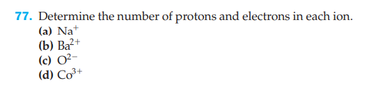 77. Determine the number of protons and electrons in each ion.
(a) Na+
(b) Ва?+
(c) O²-
(d) Co³+
