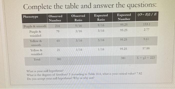 Complete the table and answer the questions:
Expected
Expected
(0- E)2 / E
Phenotype
Observed
Observed
Number
Ratio
Ratio
Number
Purple & smooth
9/16
9/16
95.25
153.1
216
Purple &
79
3/16
3/16
95.25
2.77
weinkled
Yellow &
3/16
3/16
95.25
9.61
65
smooth
Yellow &
21
1/16
1/16
95.25
57.88
wrinkled
381
E = x2 = 223
Total
381
What in your null hypothesis?
What is the degrees of freedom? 3 According to Table 16.6, what is your critical value? 7.82
Do
you accept your nall hypothesis? Why or why not?
