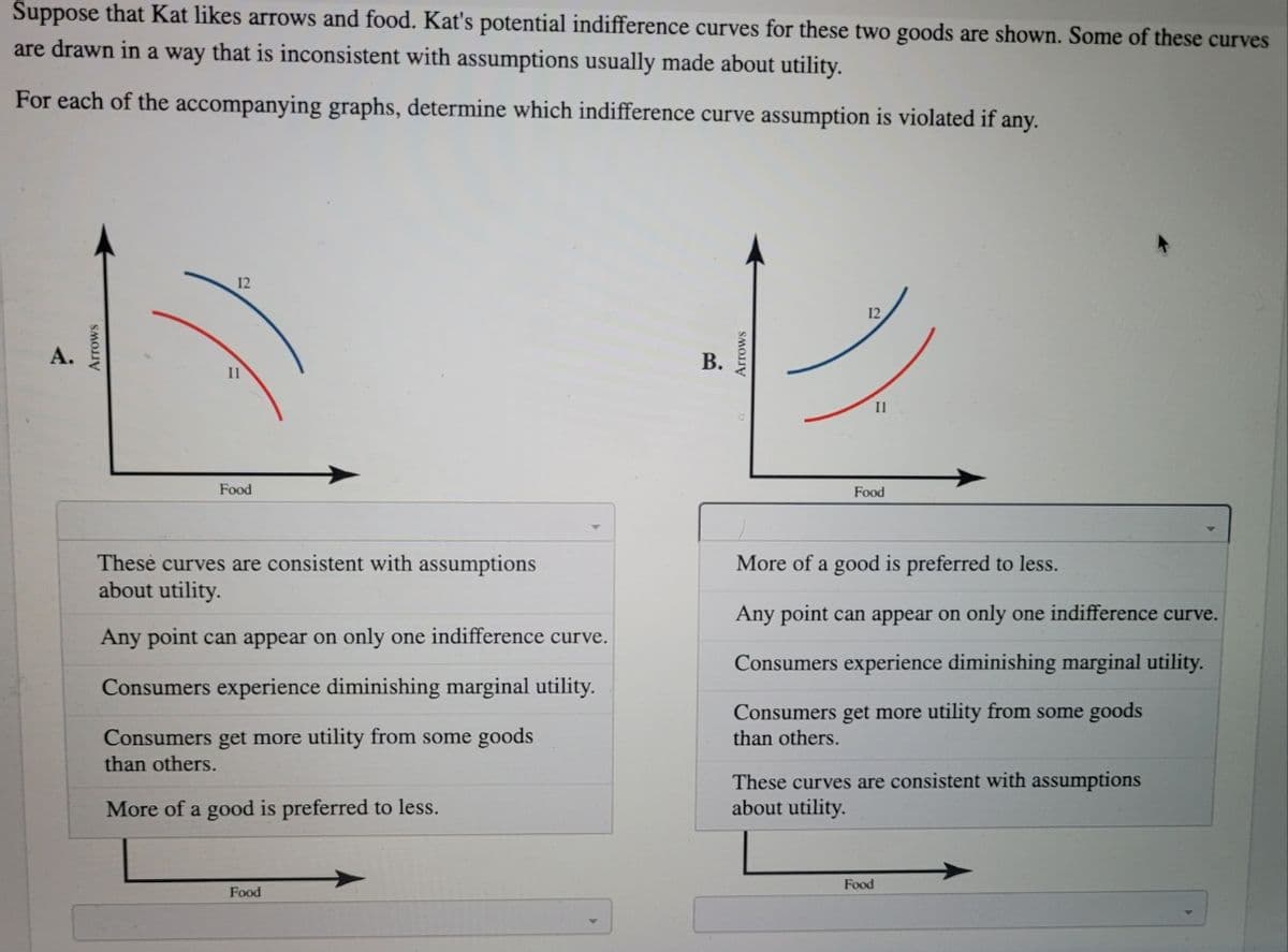 Suppose that Kat likes arrows and food. Kat's potential indifference curves for these two goods are shown. Some of these curves
are drawn in a way that is inconsistent with assumptions usually made about utility.
For each of the accompanying graphs, determine which indifference curve assumption is violated if any.
12
А.
В.
II
Food
Food
These curves are consistent with assumptions
about utility.
More of a good is preferred to less.
Any point can appear on only one indifference curve.
Any point can appear on only one indifference curve.
Consumers experience diminishing marginal utility.
Consumers experience diminishing marginal utility.
Consumers get more utility from some goods
than others.
Consumers get more utility from some goods
than others.
These curves are consistent with assumptions
about utility.
More of a good is preferred to less.
Food
Food
Arrows
