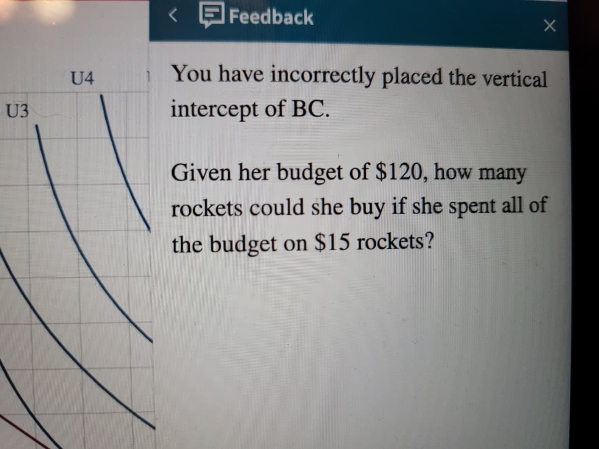 Feedback
U4
You have incorrectly placed the vertical
U3
intercept of BC.
Given her budget of $120, how many
rockets could she buy if she spent all of
the budget on $15 rockets?
