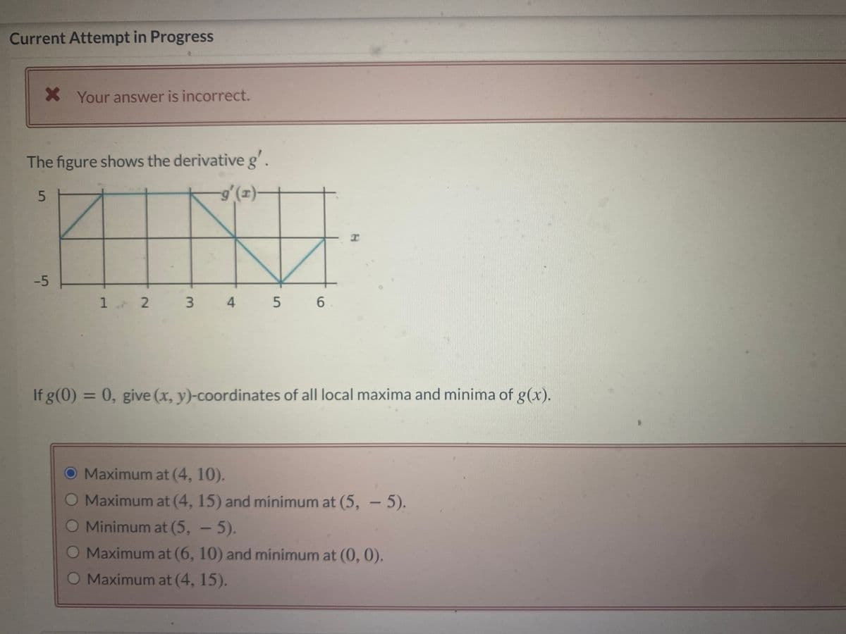 Current Attempt in Progress
X Your answer is incorrect.
The figure shows the derivative g'.
1> 2
3 4 5 6
.
If g(0) = 0, give (x, y)-coordinates of all local maxima and minima of g(x).
%3D
Maximum at (4, 10).
Maximum at (4, 15) and minimum at (5, - 5).
O Minimum at (5, - 5).
O Maximum at (6, 10) and minimum at (0, 0).
O Maximum at (4, 15).
-5
