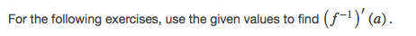 For the following exercises, use the given values to find (f-')' (a).
