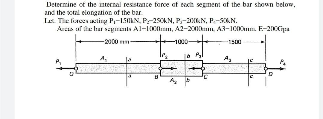 Determine of the internal resistance force of each segment of the bar shown below,
and the total elongation of the bar.
Let: The forces acting P₁=150kN, P₂=250kN, P3=200kN, P4=50KN.
Areas of the bar segments A1=1000mm, A2=2000mm, A3=1000mm. E=200Gpa
-2000 mm
-1000- **
-1500
P₂
1b P3
P4
P₁
A₁
la
a
B
A₂ b
C
A3
C
C
D
