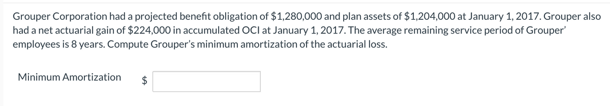 Grouper Corporation had a projected benefit obligation of $1,280,000 and plan assets of $1,204,000 at January 1, 2017. Grouper also
had a net actuarial gain of $224,000 in accumulated OCI at January 1, 2017. The average remaining service period of Grouper'
employees is 8 years. Compute Grouper's minimum amortization of the actuarial loss.
Minimum Amortization