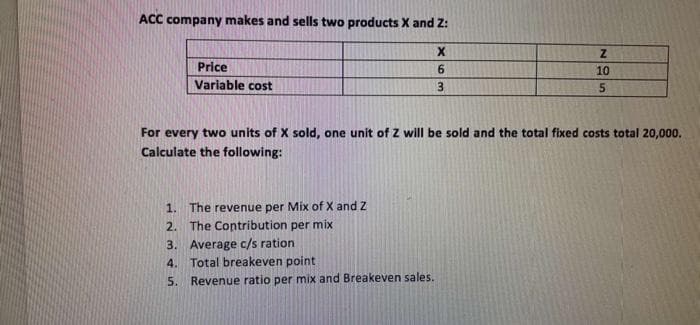 ACC company makes and sells two products X and Z:
X
6
3
Price
Variable cost
For every two units of X sold, one unit of Z will be sold and the total fixed costs total 20,000.
Calculate the following:
1. The revenue per Mix of X and Z
2.
The Contribution per mix
3. Average c/s ration
4.
Z
10
5
Total breakeven point
5. Revenue ratio per mix and Breakeven sales.
