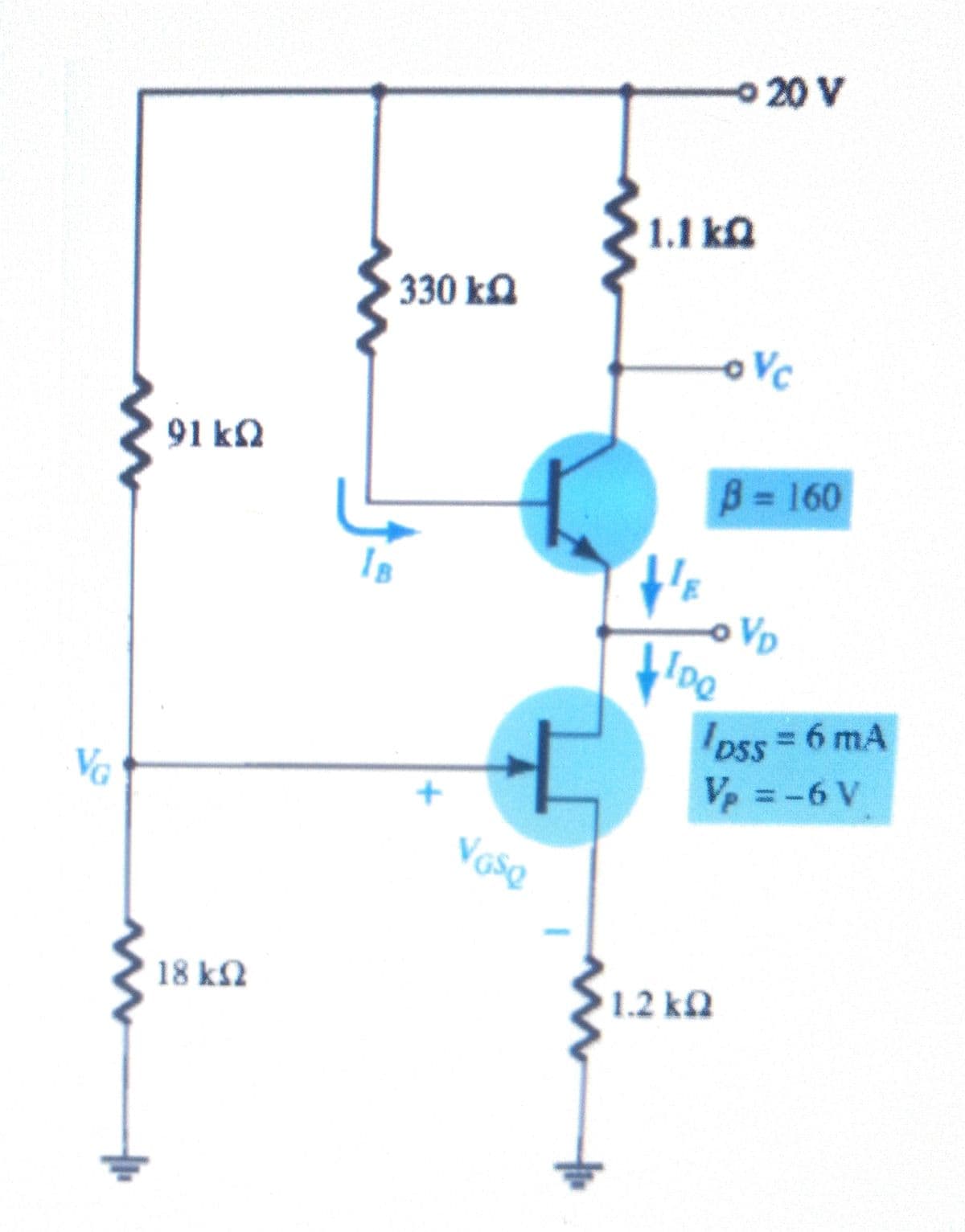 o 20 V
1.1kQ
330 ka
91 k2
B 160
%3D
IB
Dss = 6 mA
Vp = -6 V
VG
18 kN
1.2 kQ
