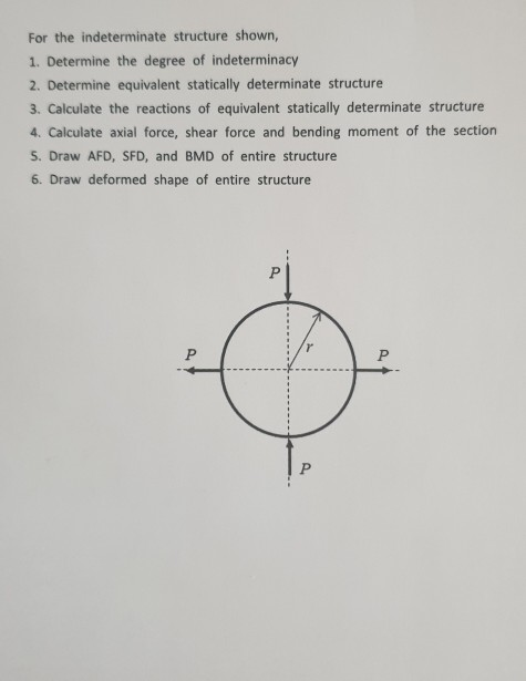 For the indeterminate structure shown,
1. Determine the degree of indeterminacy
2. Determine equivalent statically determinate structure
3. Calculate the reactions of equivalent statically determinate structure
4. Calculate axial force, shear force and bending moment of the section
5. Draw AFD, SFD, and BMD of entire structure
6. Draw deformed shape of entire structure
