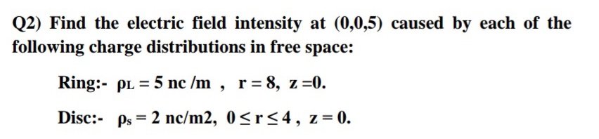 Q2) Find the electric field intensity at (0,0,5) caused by each of the
following charge distributions in free space:
Ring:- pL = 5 nc /m , r= 8, z=0.
Disc:- ps = 2 nc/m2, 0<r<4, z=0.

