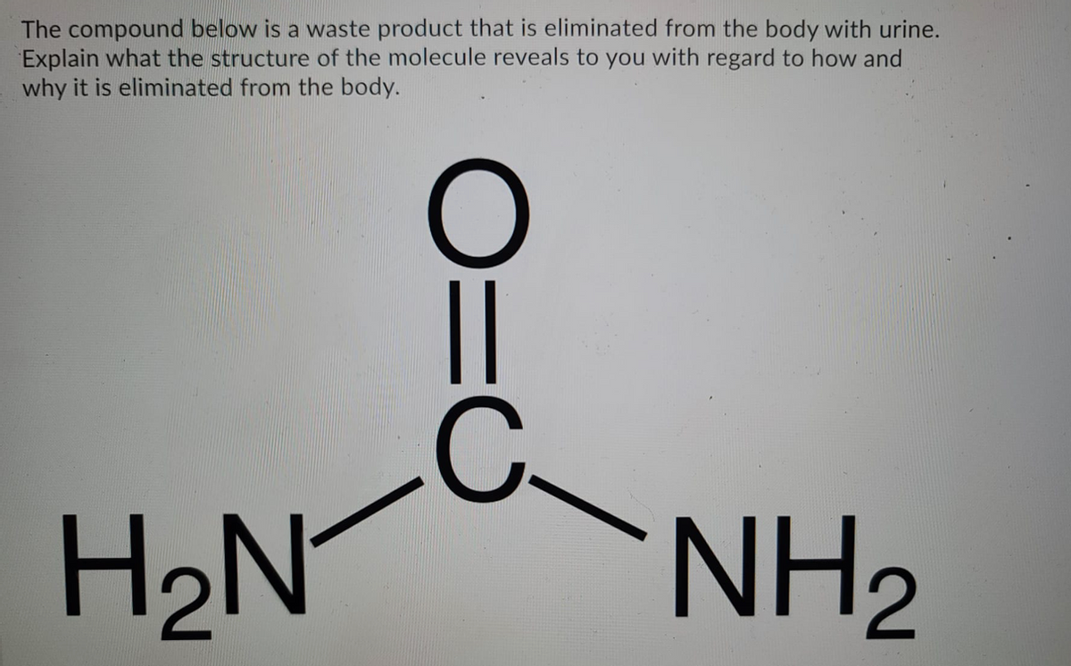 The compound below is a waste product that is eliminated from the body with urine.
Explain what the structure of the molecule reveals to you with regard to how and
why it is eliminated from the body.
C.
H2N
NH2
