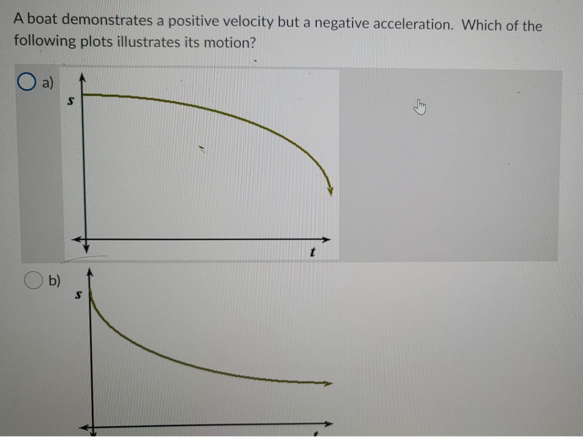 A boat demonstrates a positive velocity but a negative acceleration. Which of the
following plots illustrates its motion?
O a)
b)
