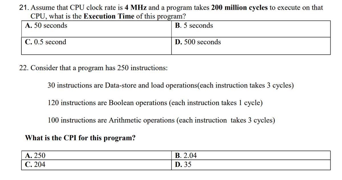 21. Assume that CPU clock rate is 4 MHz and a program takes 200 million cycles to execute on that
CPU, what is the Execution Time of this program?
A. 50 seconds
B. 5 seconds
C. 0.5 second
D. 500 seconds
22. Consider that a program has 250 instructions:
30 instructions are Data-store and load operations(each instruction takes 3 cycles)
120 instructions are Boolean operations (each instruction takes 1 cycle)
100 instructions are Arithmetic operations (each instruction takes 3 cycles)
What is the CPI for this program?
А. 250
С. 204
В. 2.04
D. 35
